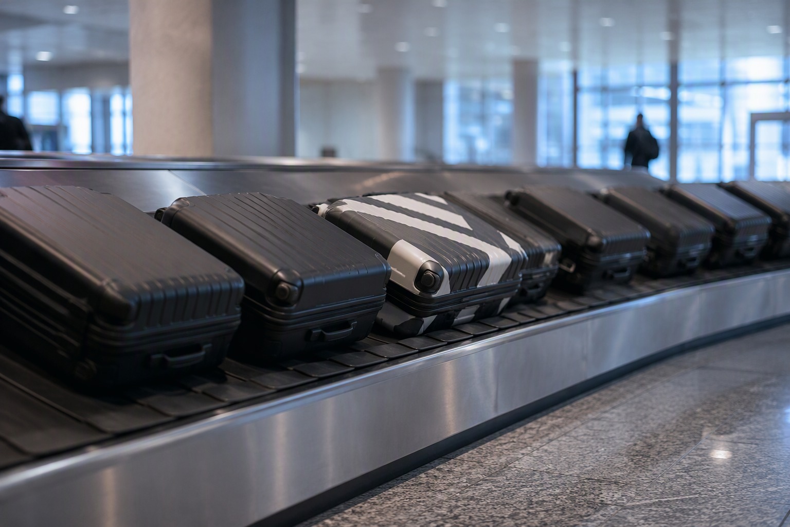 Airport baggage carousel with one high-contrast patterned suitcase among similar dark cases