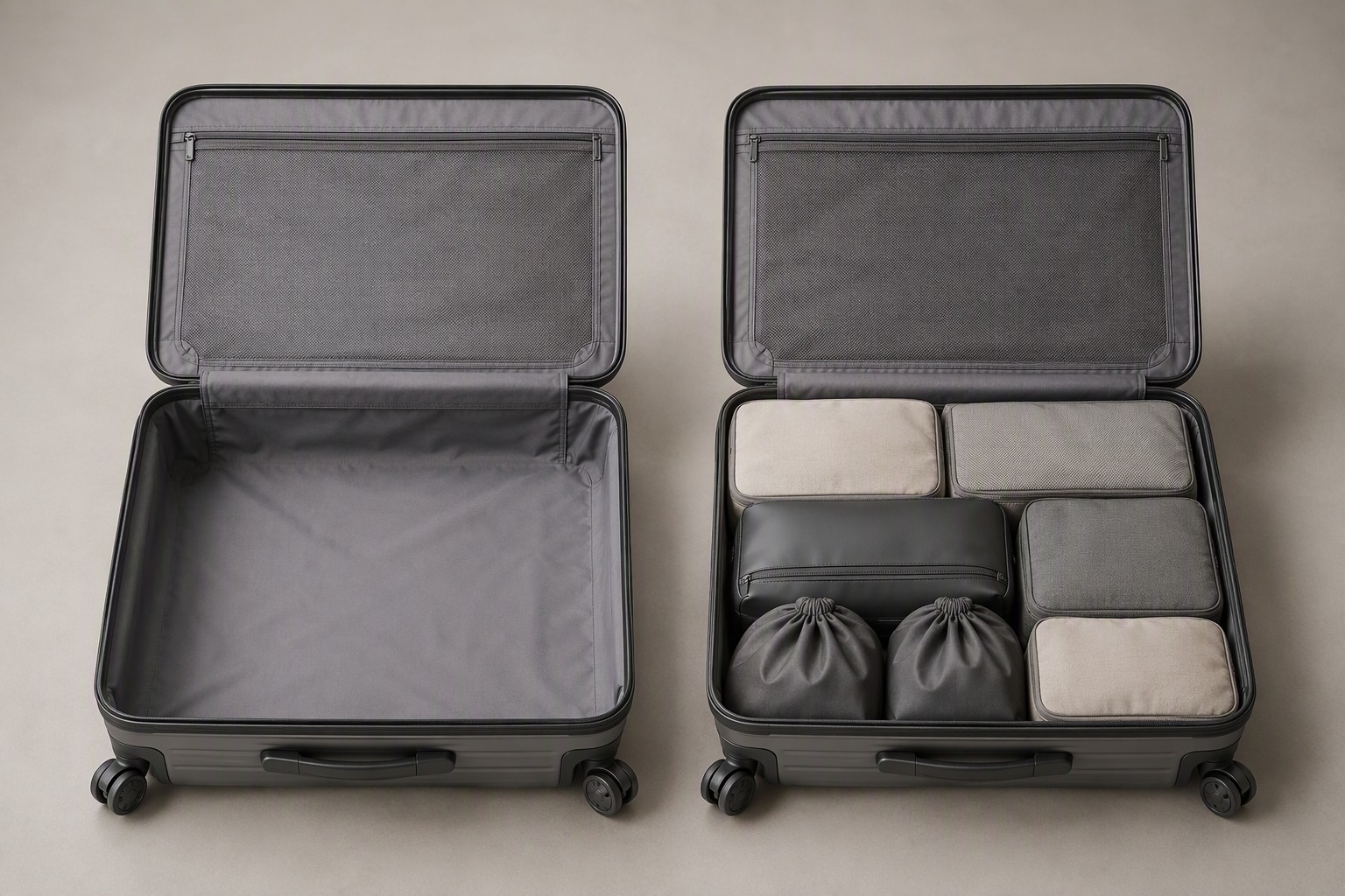 Empty suitcase next to the same suitcase packed with modular packing cubes and a sealed wet pouch