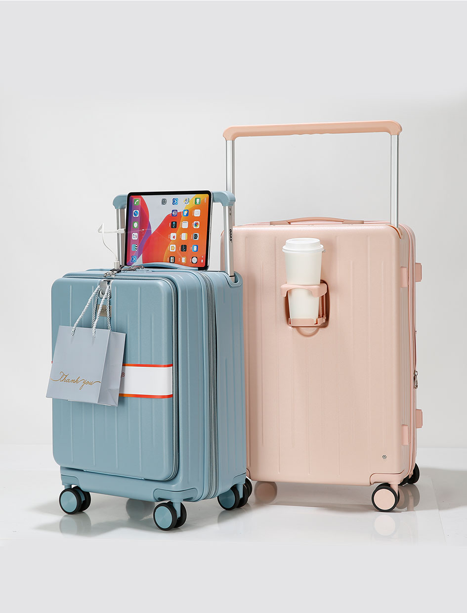 Front Opening USB Port Expansion Layer Cup Holder Trollycase Valise Trunk Travel Bag Trolley Bag OEM ODM PC Luggage Carry On Luggage Set Suitcase Luggag-Exterior Features-1