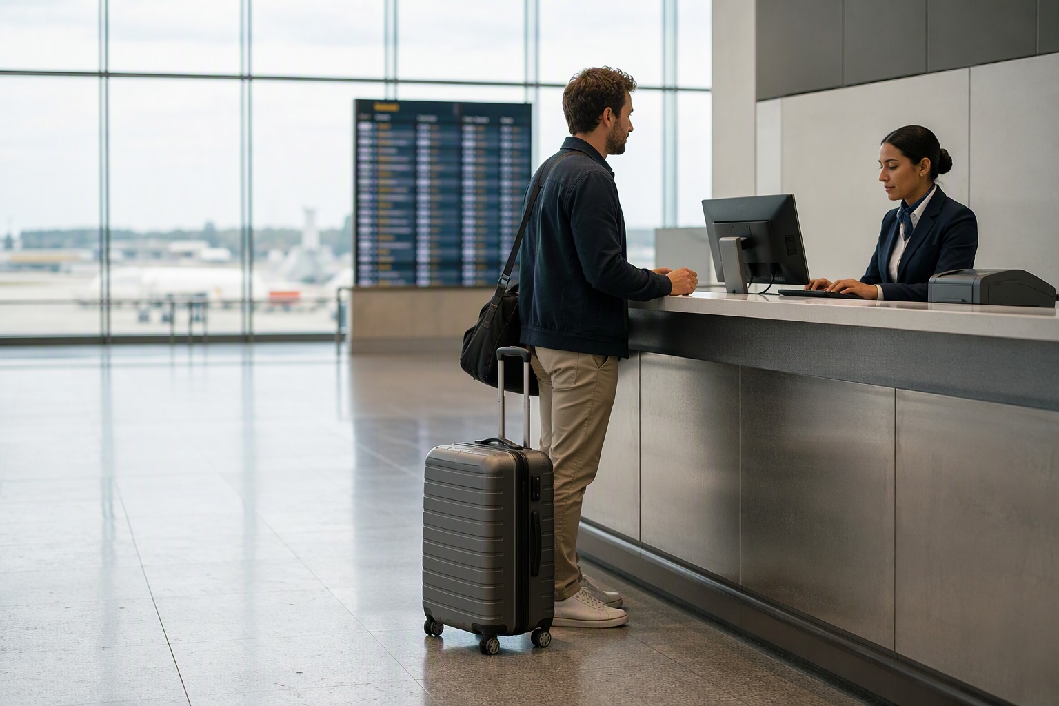 Traveler filing a mishandled baggage report at an airline baggage service desk