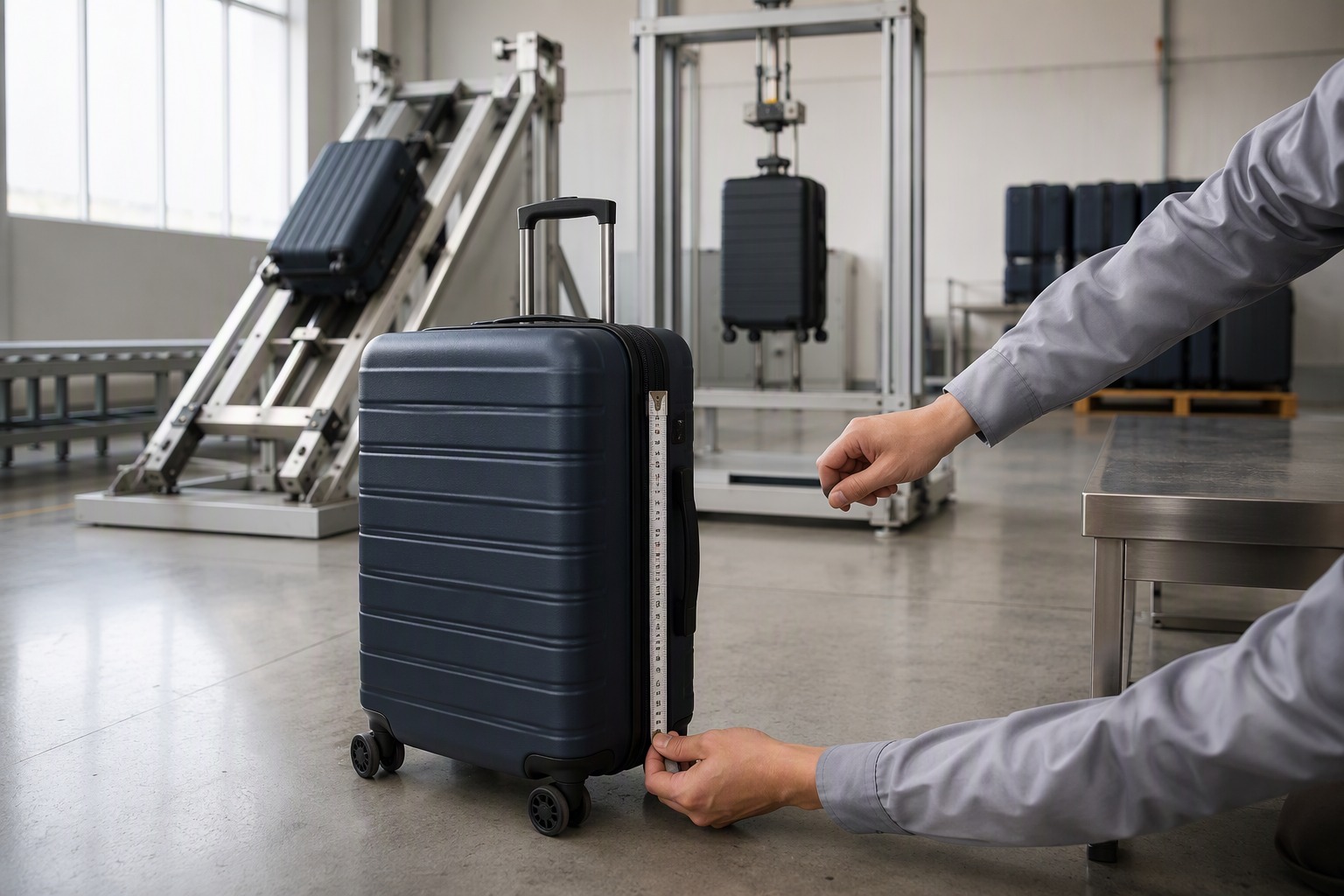 Luggage quality inspection: measuring a hard-shell case beside rolling-test and drop-test rigs