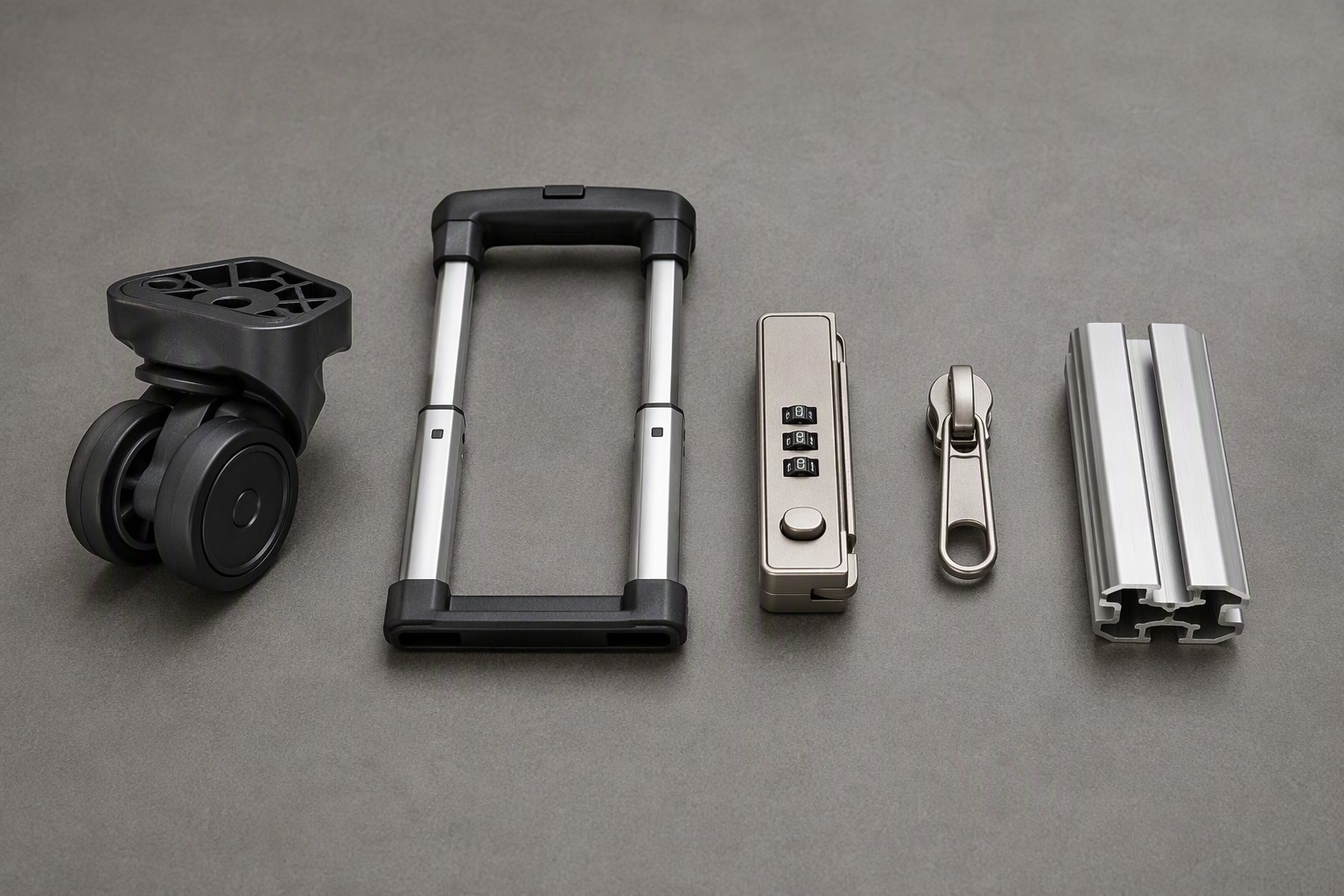 Luggage parts flat lay: wheels, telescopic handles, locks, zips and aluminium frames