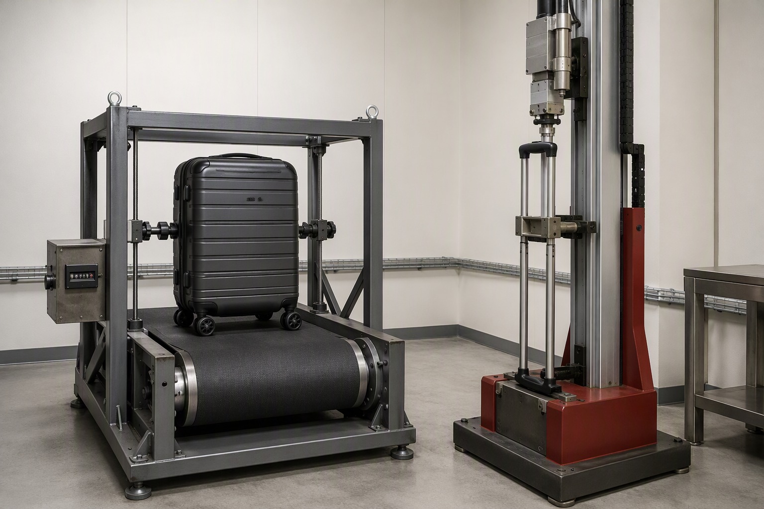 Wheel abrasion and telescopic-handle fatigue test rig for luggage parts testing