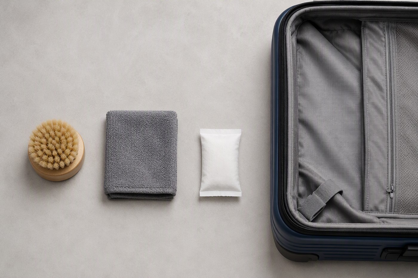 Clean hard shell suitcase standing open on a studio floor with its grey lining visible, a folded microfibre cloth and a soft detailing brush beside it