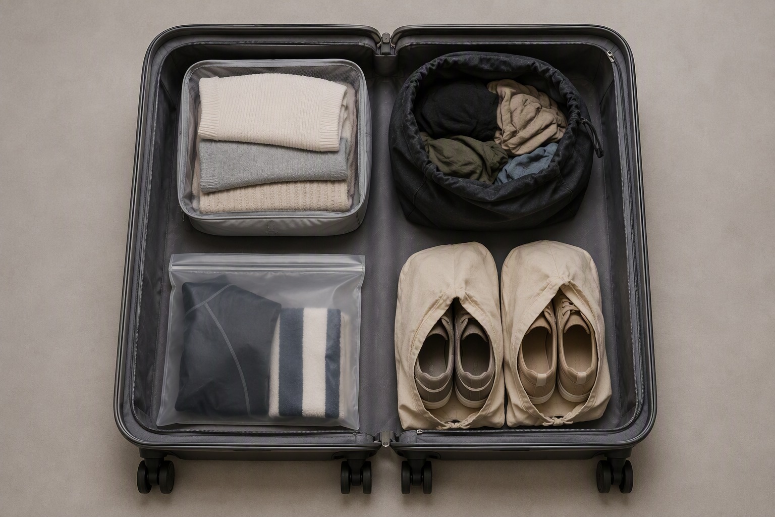 Diagram of a suitcase interior split into four packing zones for clean clothes, dirty clothes, wet items, and shoes