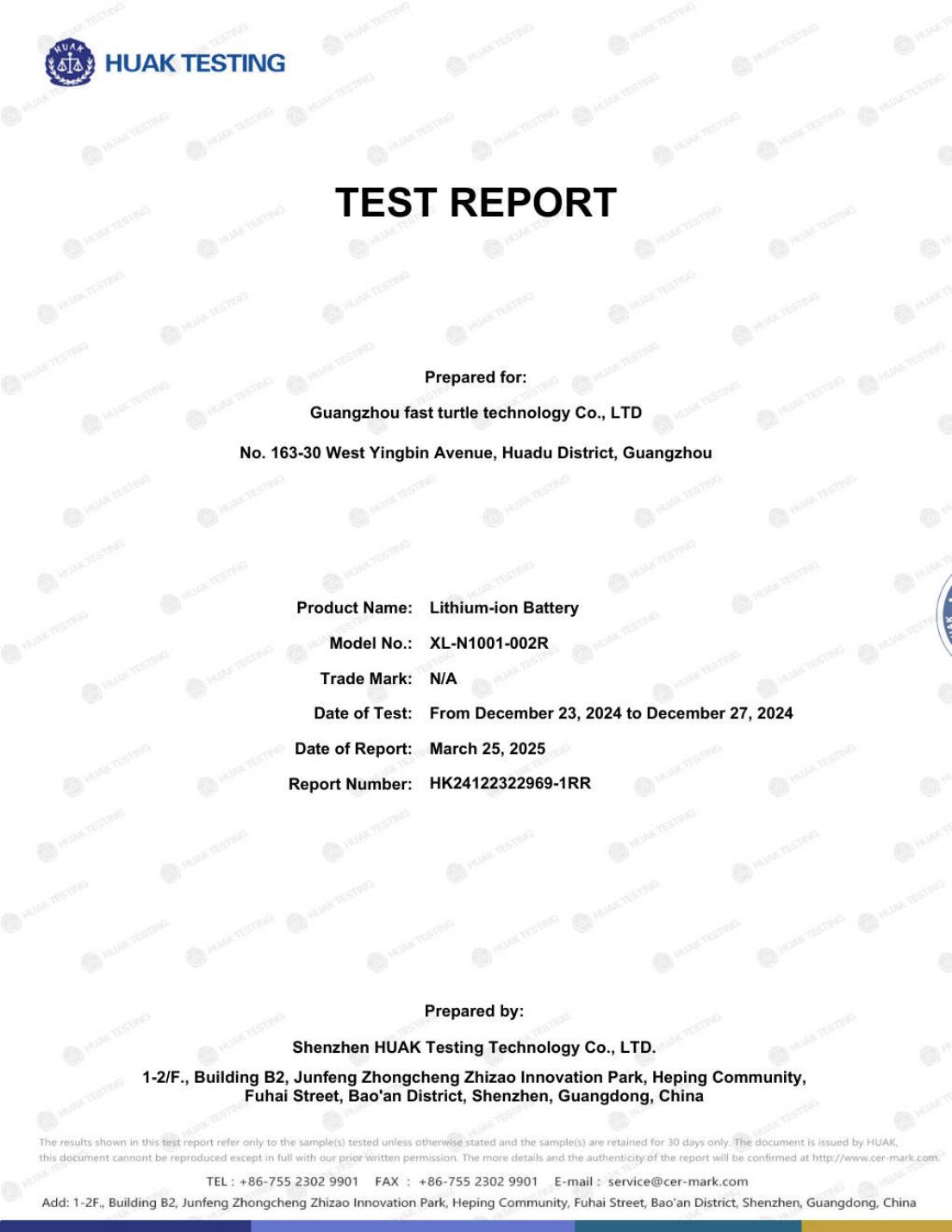 EU Battery Regulation Test Report &mdash; Li-ion XL-N1001-002R &mdash; EU Battery Regulation (EU) 2023/1542