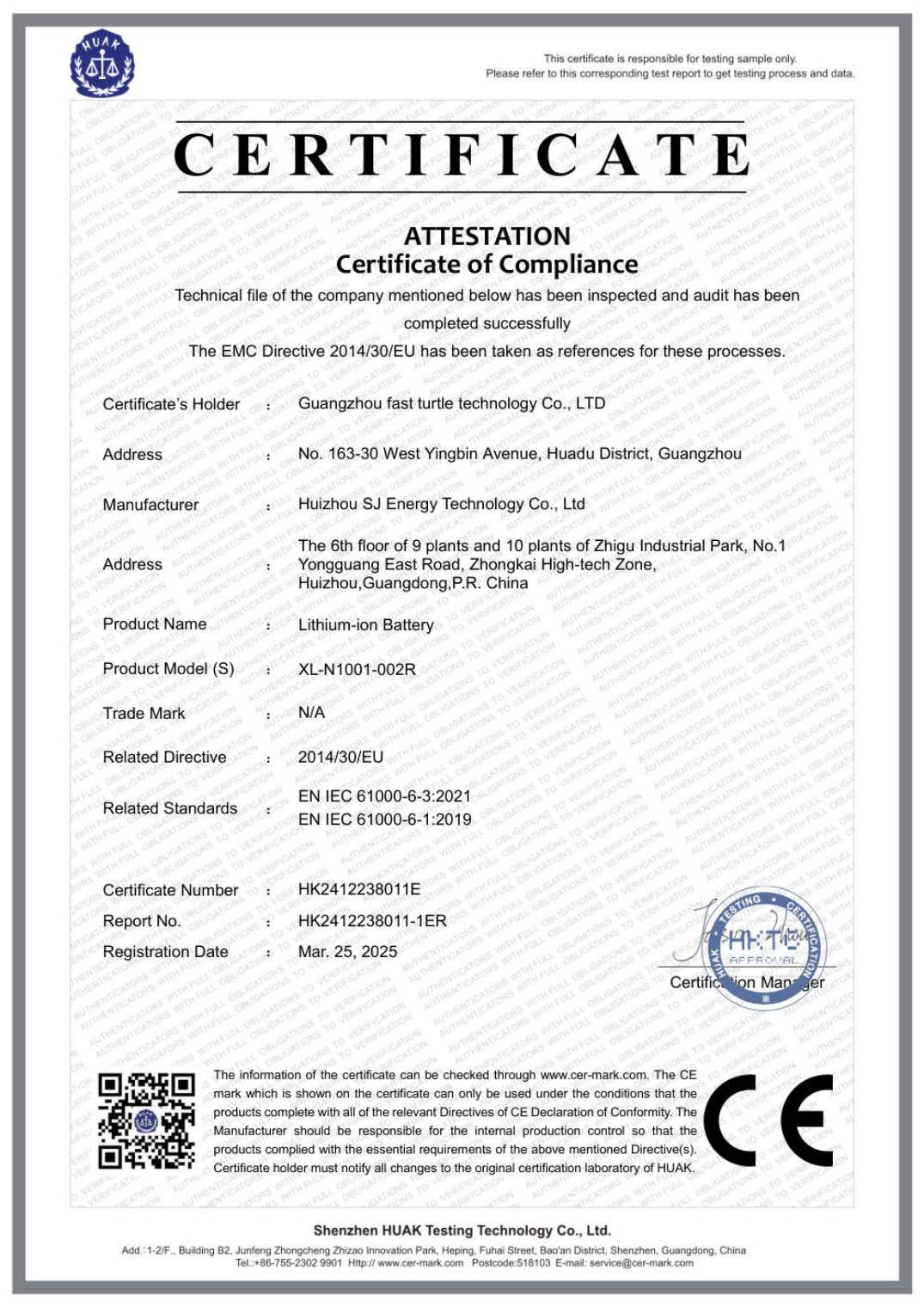 CE-EMC Certificate &mdash; Power Module XL-N1001-002R &mdash; EMC Directive 2014/30/EU