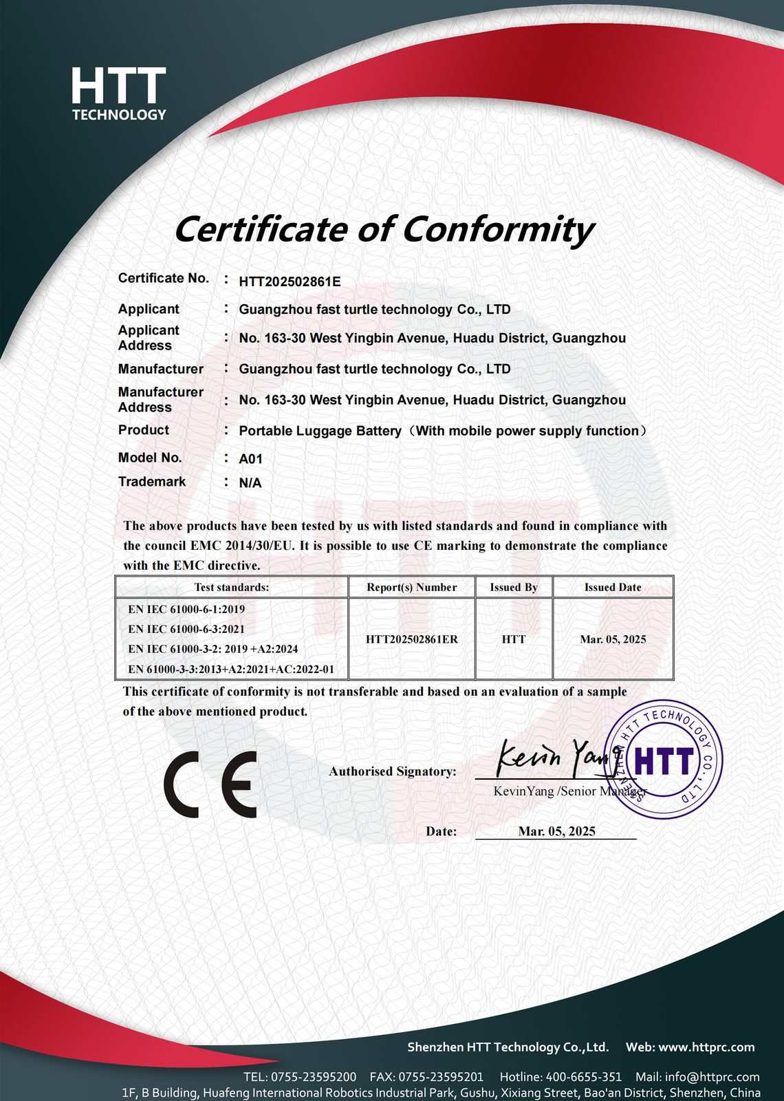CE-EMC Certificate &mdash; Finished Luggage (HTT) &mdash; EMC Directive 2014/30/EU