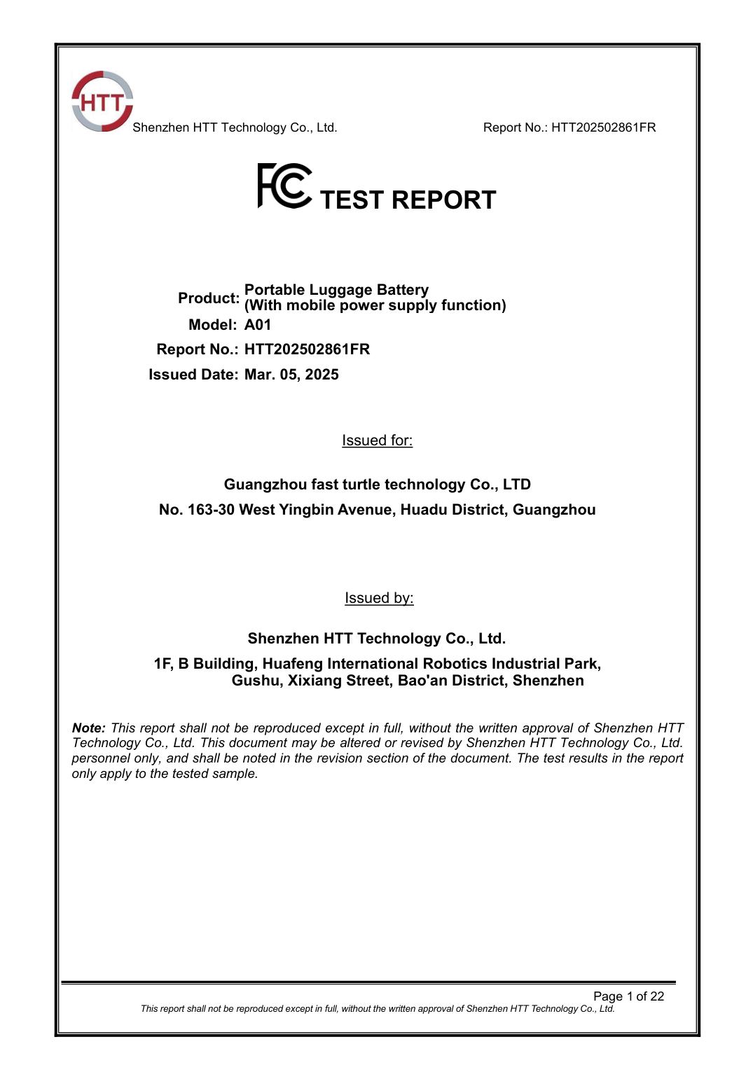 FCC Test Report &mdash; Finished Luggage (HTT) &mdash; FCC Part 15B (US)