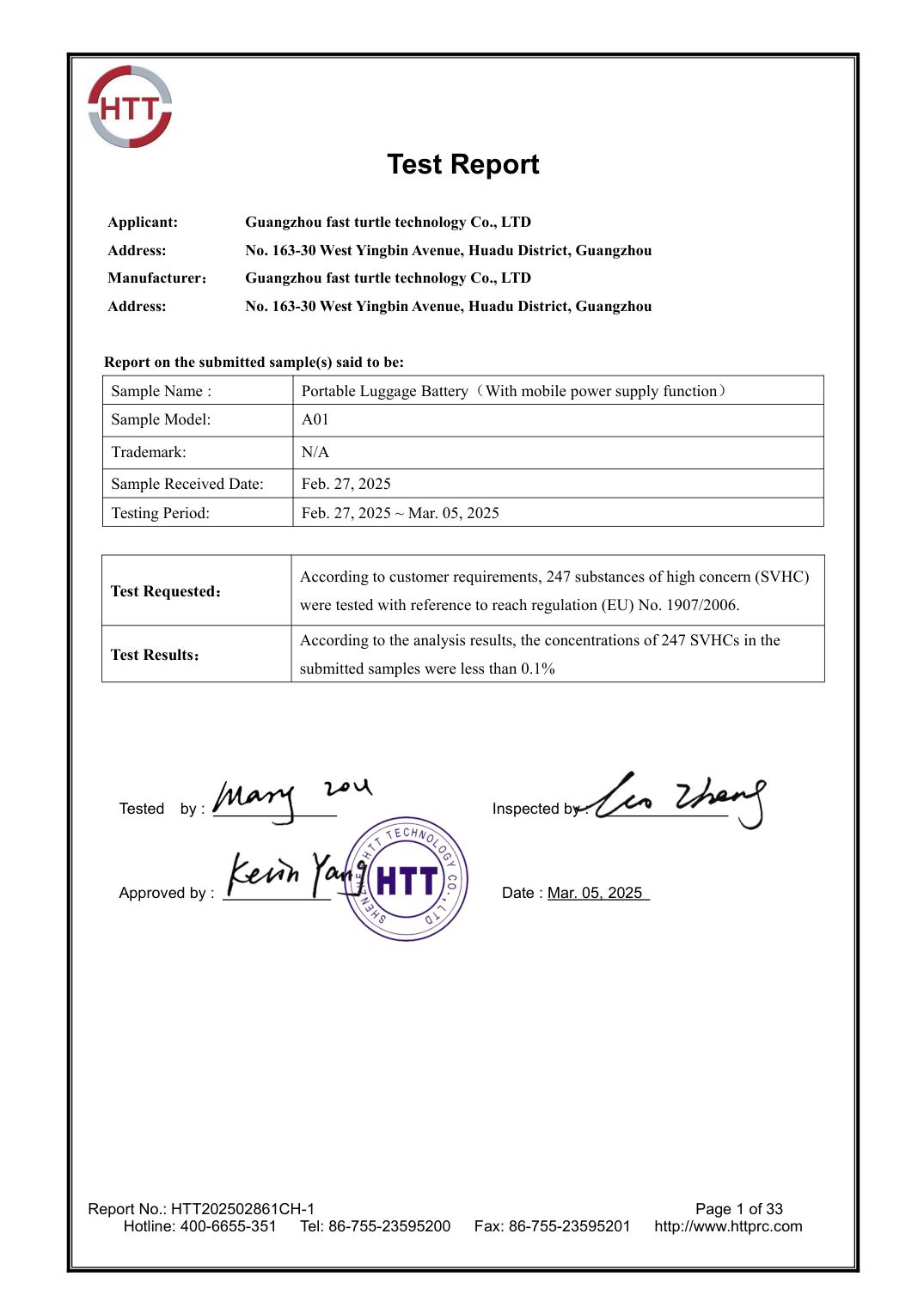 REACH Test Report &mdash; Finished Luggage (HTT) &mdash; Regulation (EC) No 1907/2006 (REACH), Annex XVII