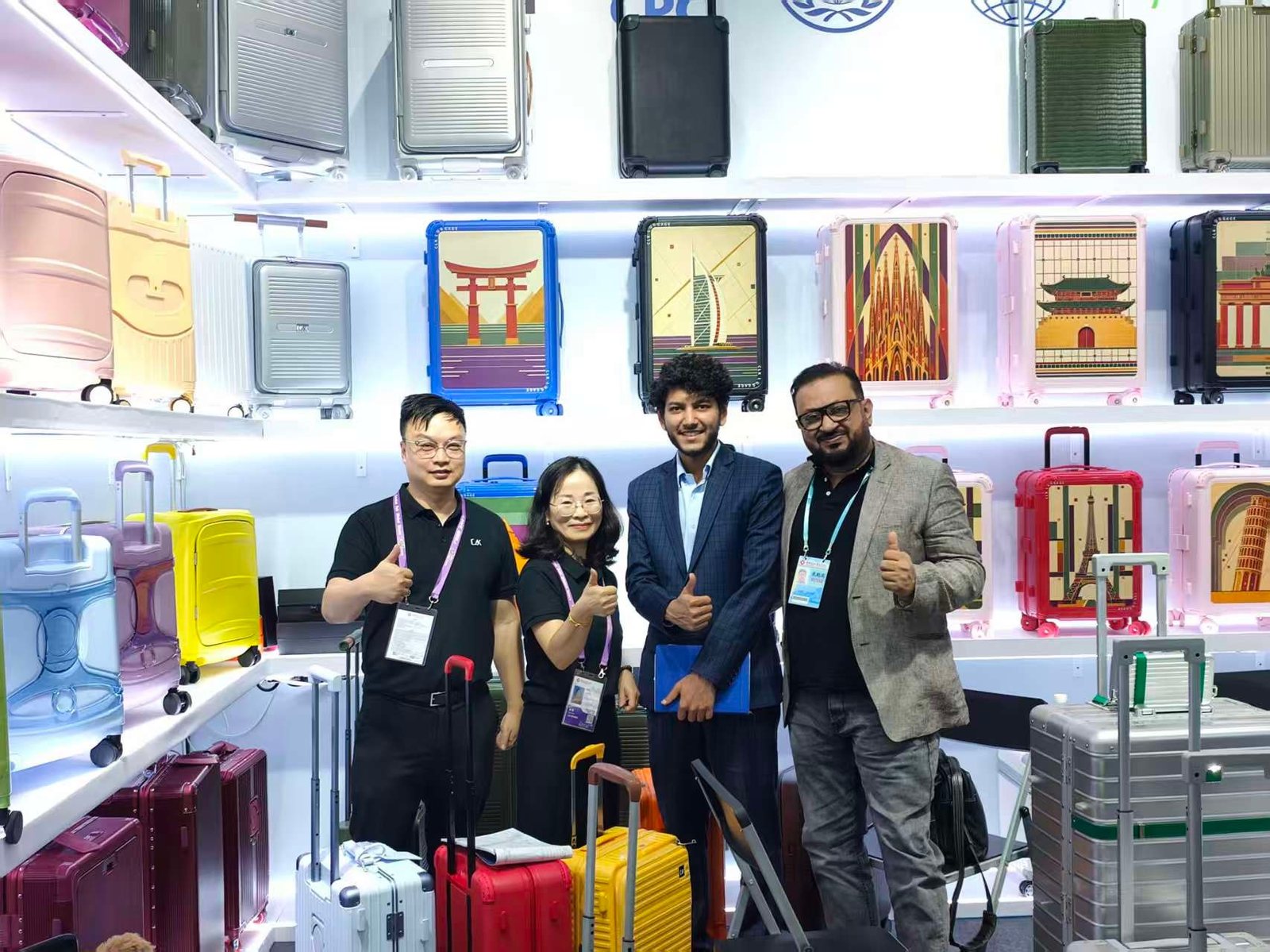Two buyers with CLK staff in front of the printed luggage wall at the booth