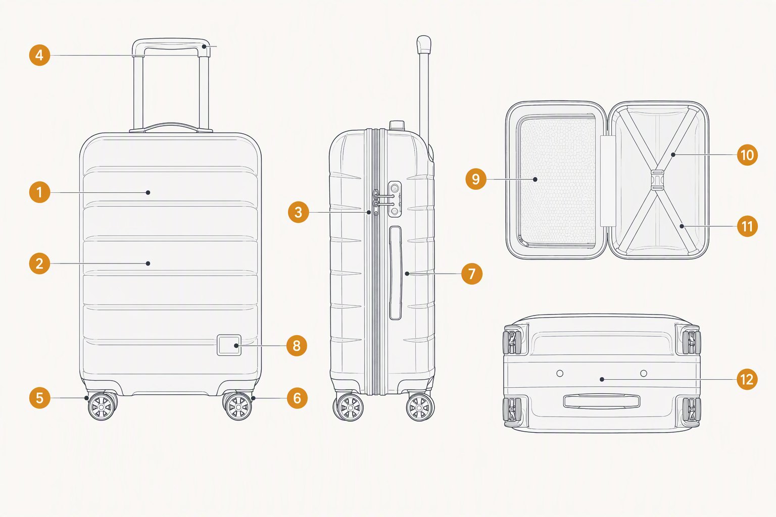 Line diagram of a hard-shell suitcase with twelve numbered inspection zones