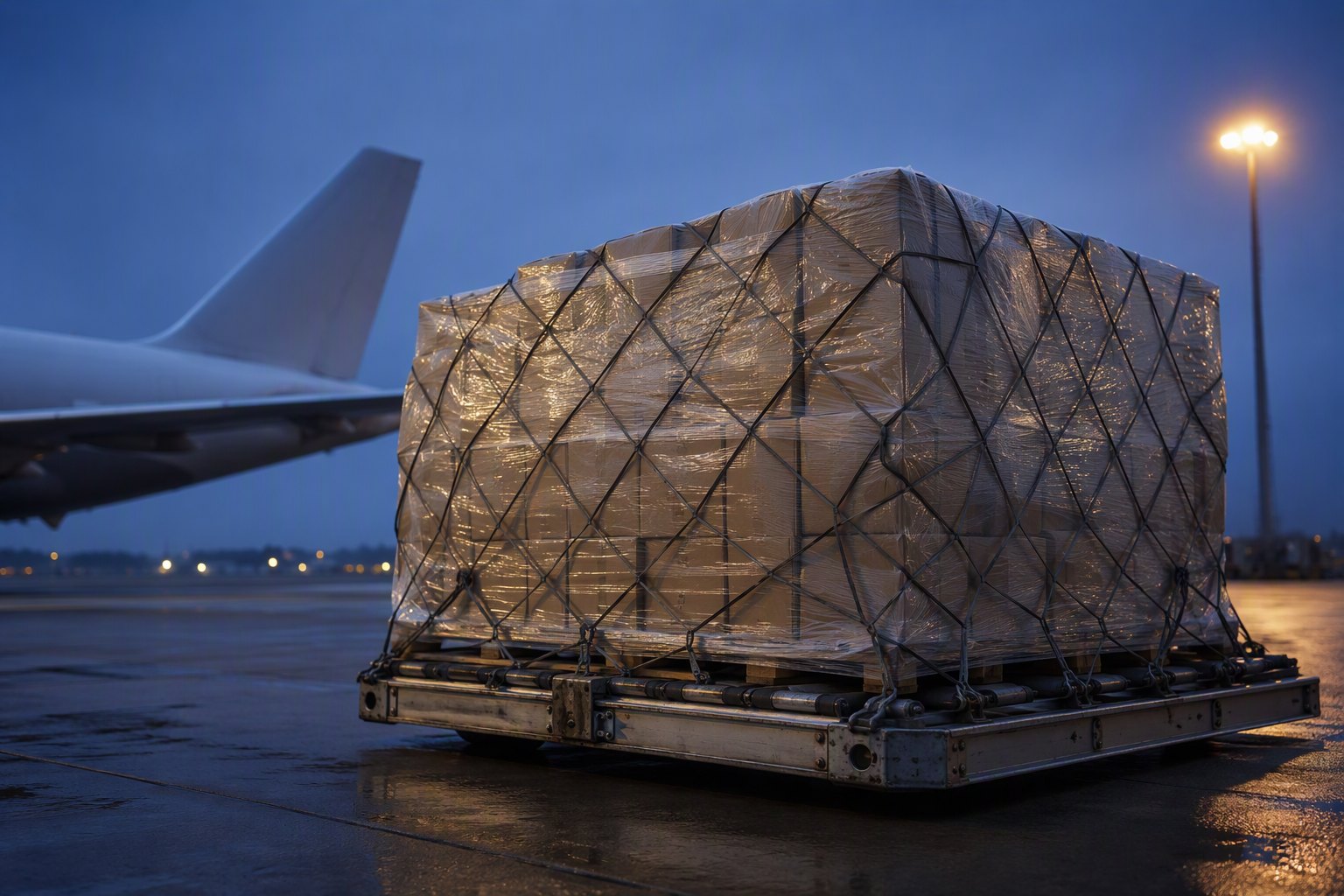 Air cargo pallet wrapped in film standing on an airport apron before dawn