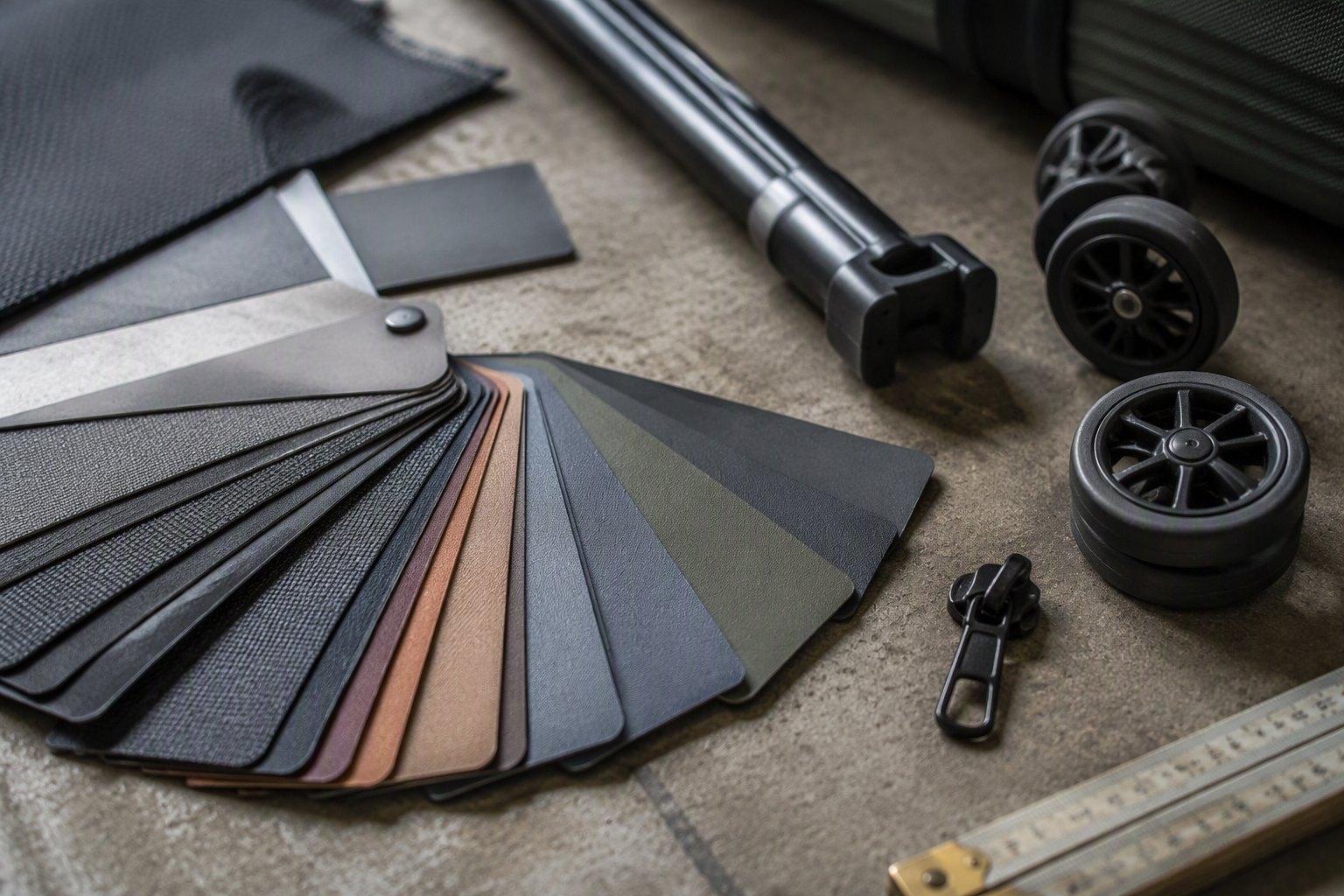 Colour swatch book and luggage components on a workshop bench