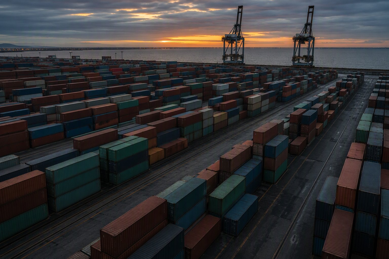 Container terminal yard at dusk with stacked shipping containers