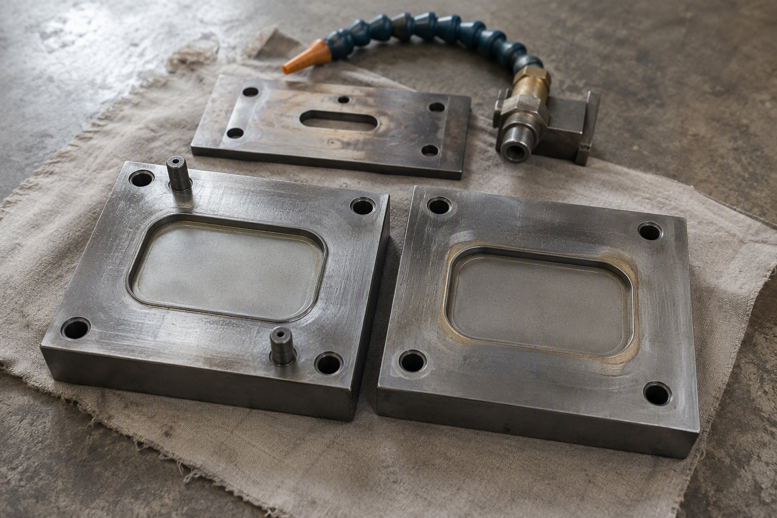 Open die-casting mould halves for a small luggage badge on a bench