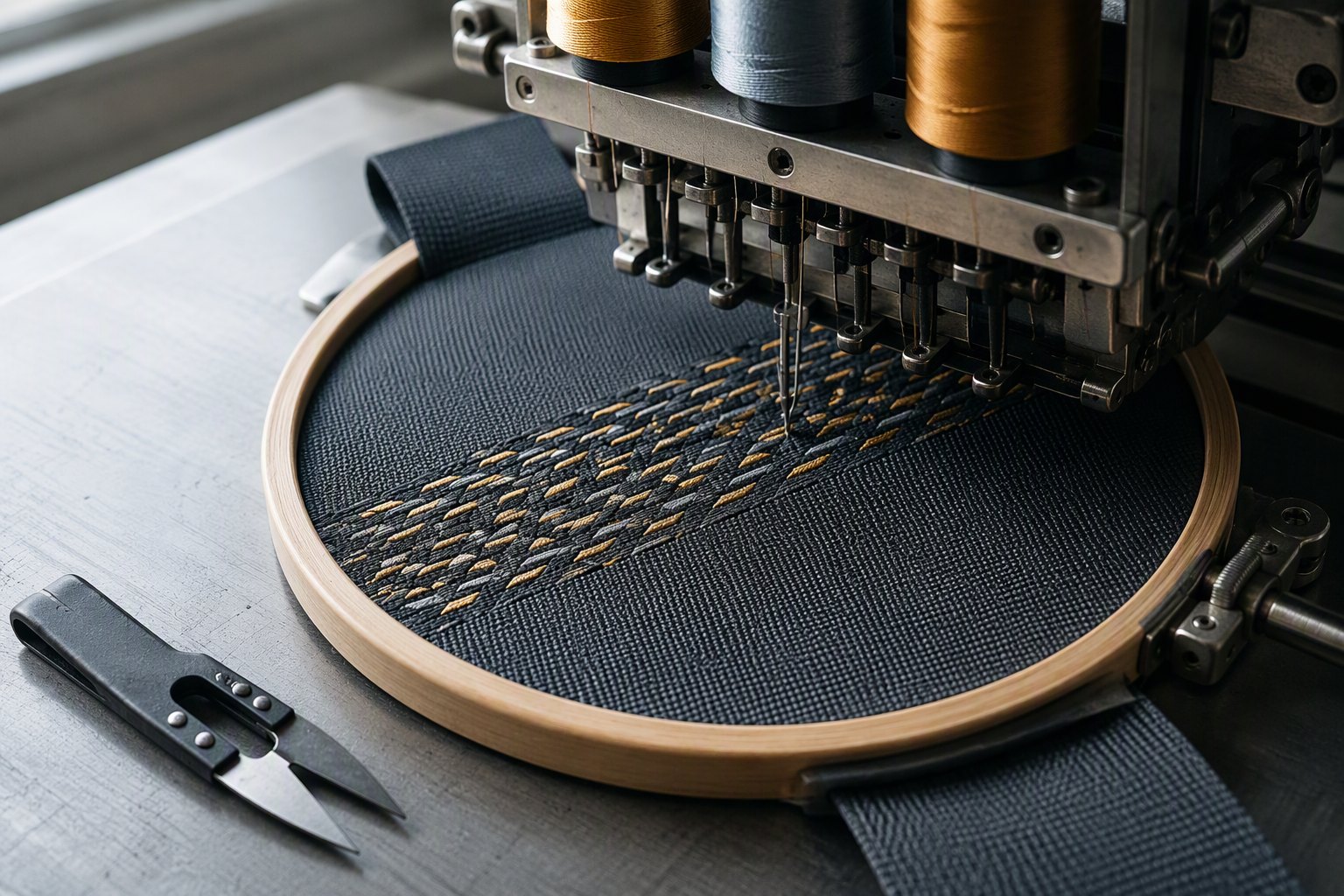 Machine embroidery head working on a dark webbing strap in a hoop