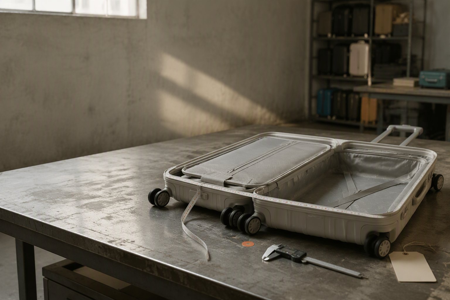 A hard-shell luggage sample open on a workbench beside a measuring tape and caliper in a sample room