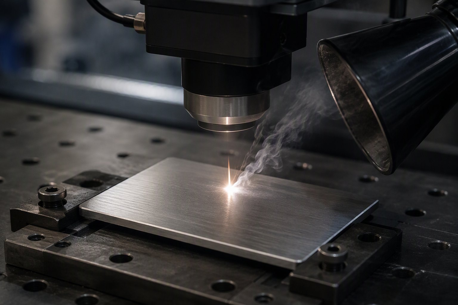 Fibre laser engraving head marking a blank metal plate