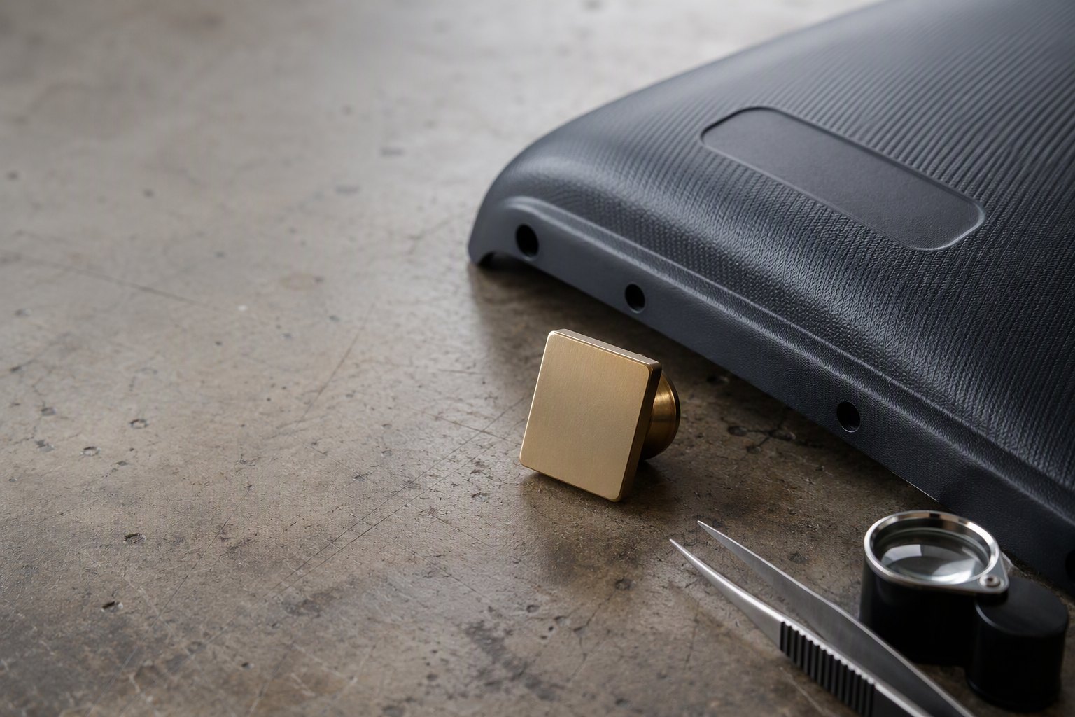 Brass embossing die and a luggage shell panel on a workshop bench