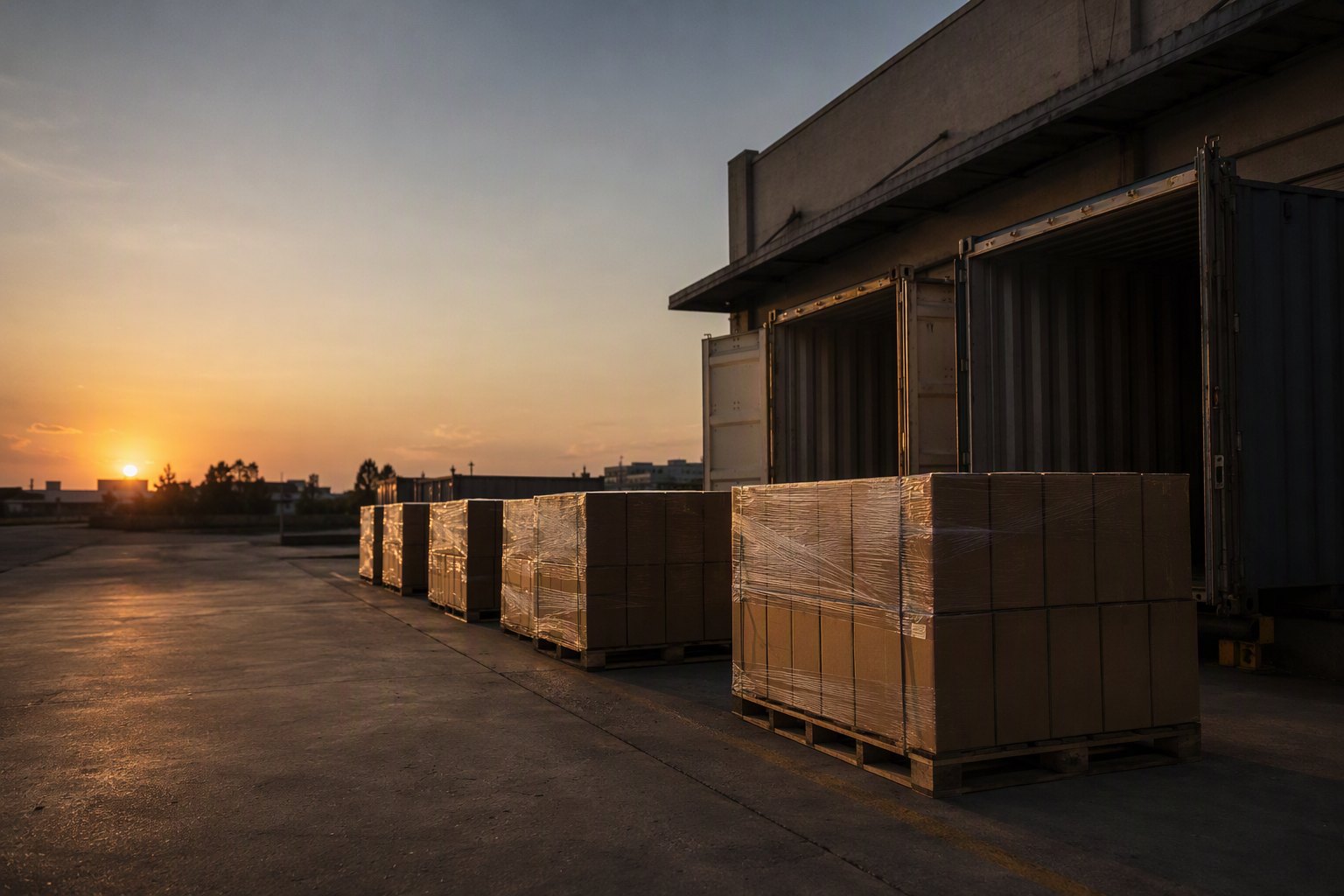 Pallets of plain cartons staged on a factory loading dock at dusk