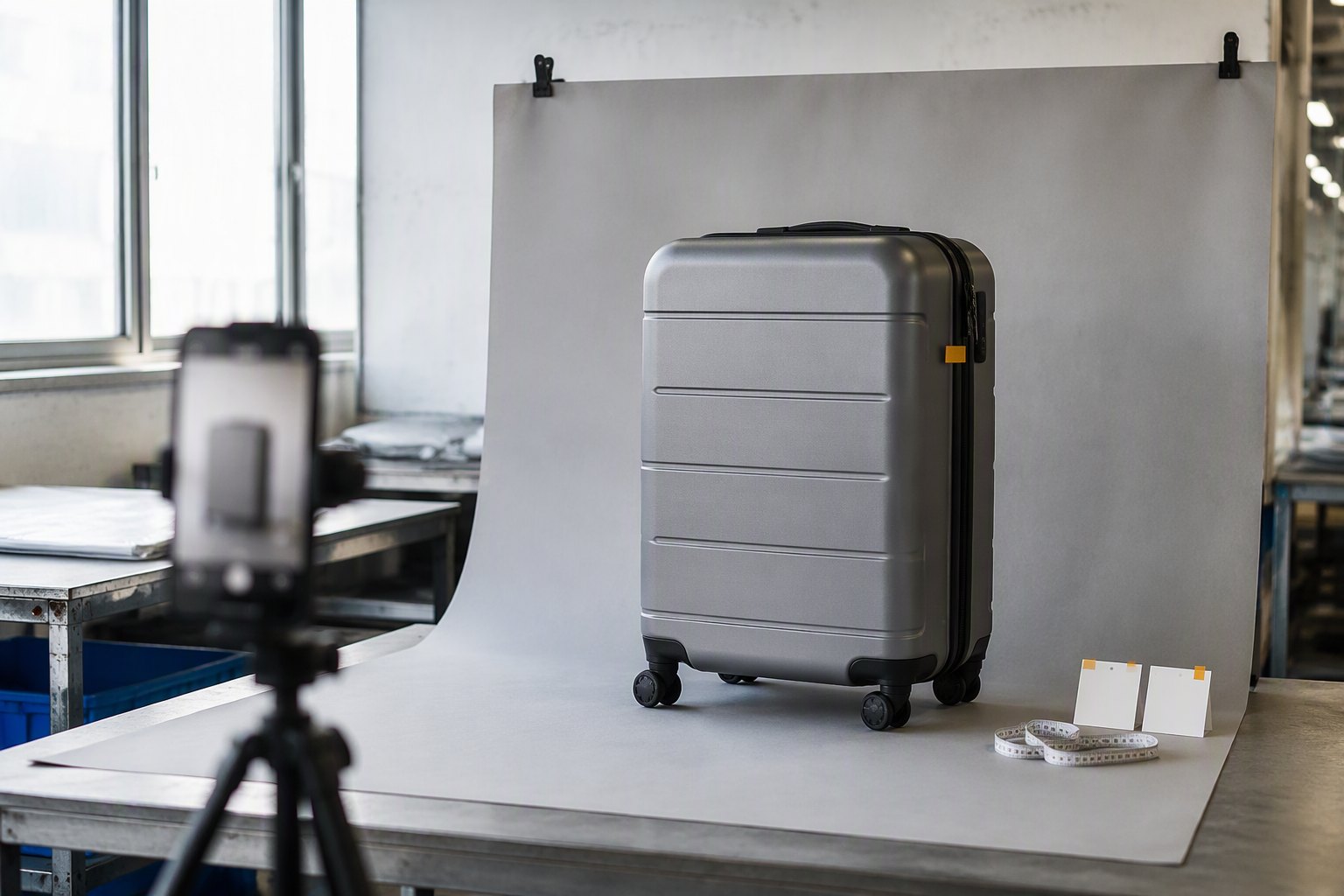 Sample suitcase photographed against a plain backdrop before shipping