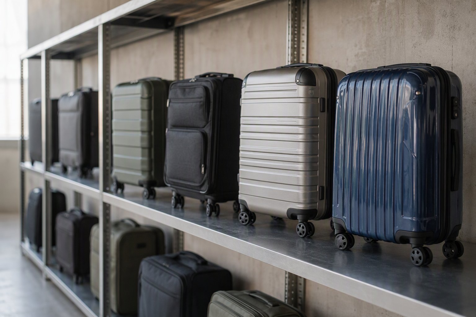 Sample suitcases lined up in a luggage sample room awaiting approval