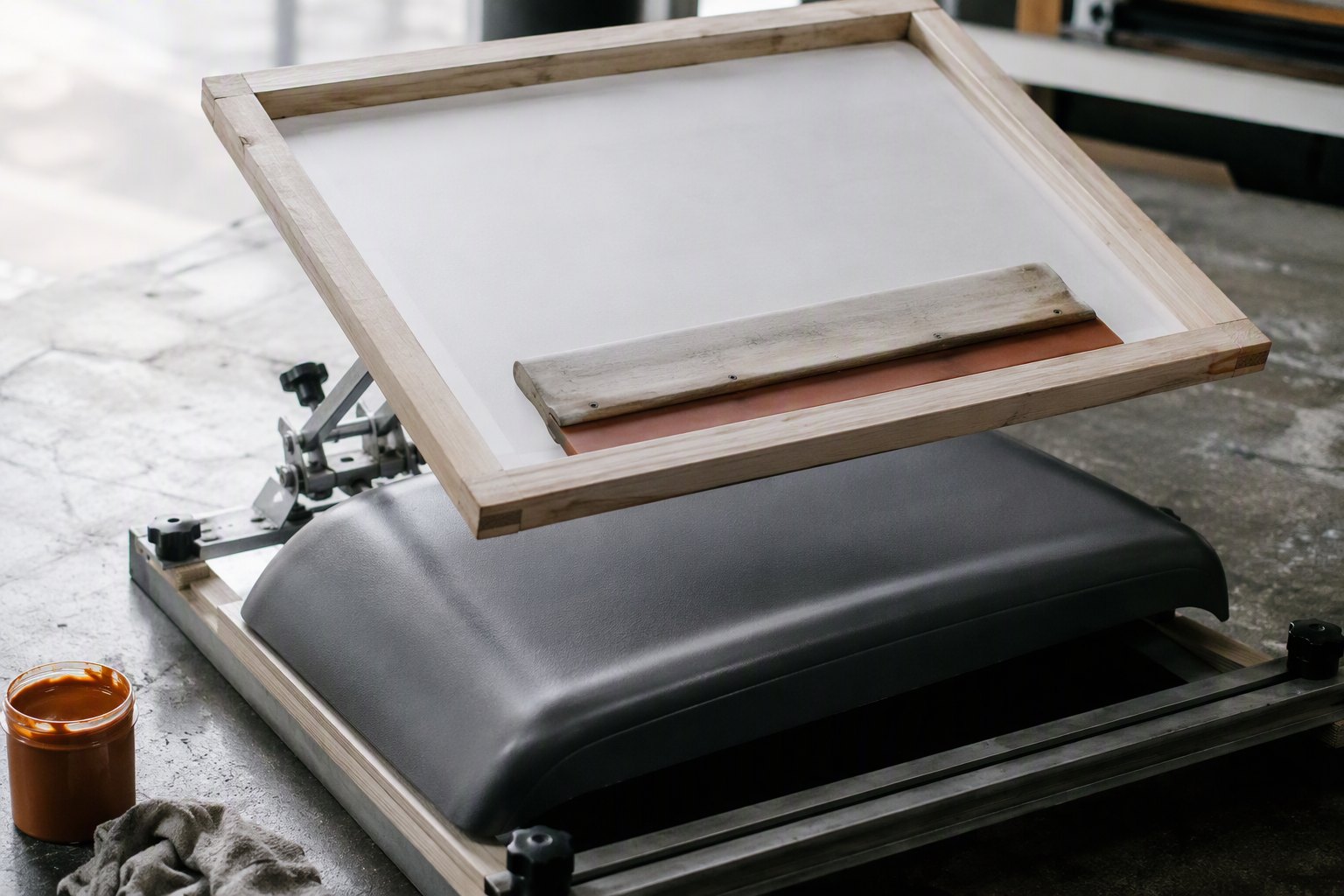 Screen printing frame with blank mesh set up over a luggage shell