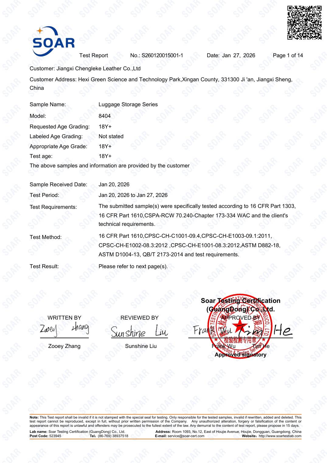 CPSIA Test Report (16 CFR) &mdash; 16 CFR 1500/1501, CPSIA