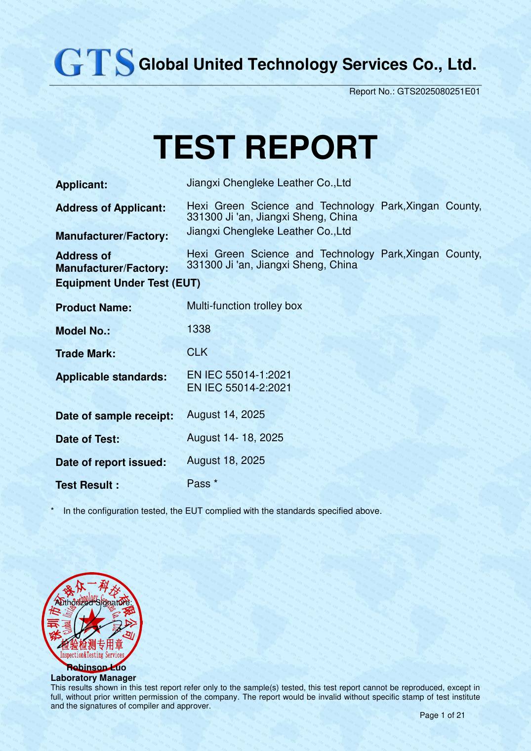 EMC Test Report &mdash; Finished Luggage (Electronics) &mdash; EN 55032 / EN 55035 / FCC Part 15B