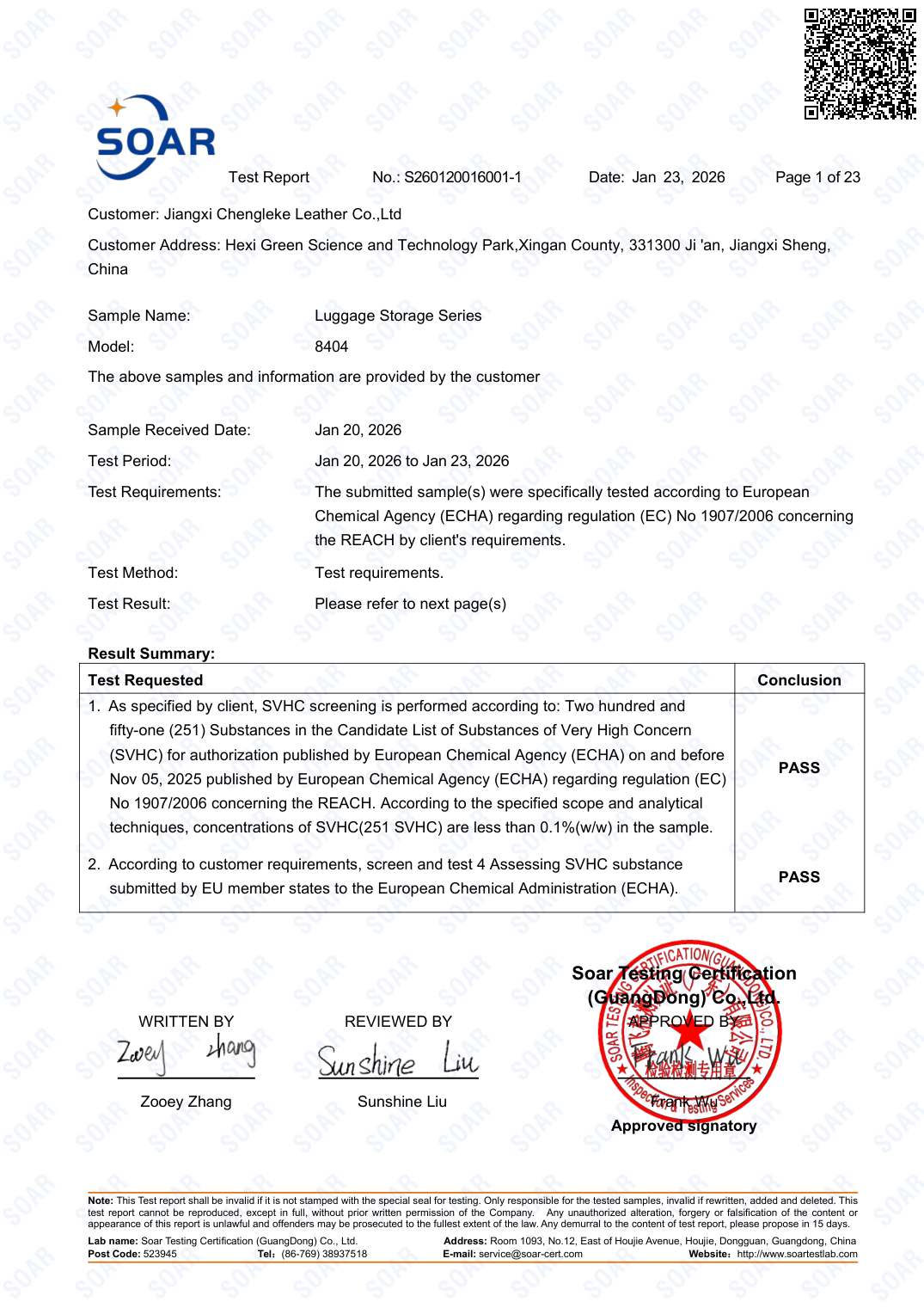 REACH Test Report &mdash; 251 Substances &mdash; Regulation (EC) No 1907/2006 (REACH), Annex XVII